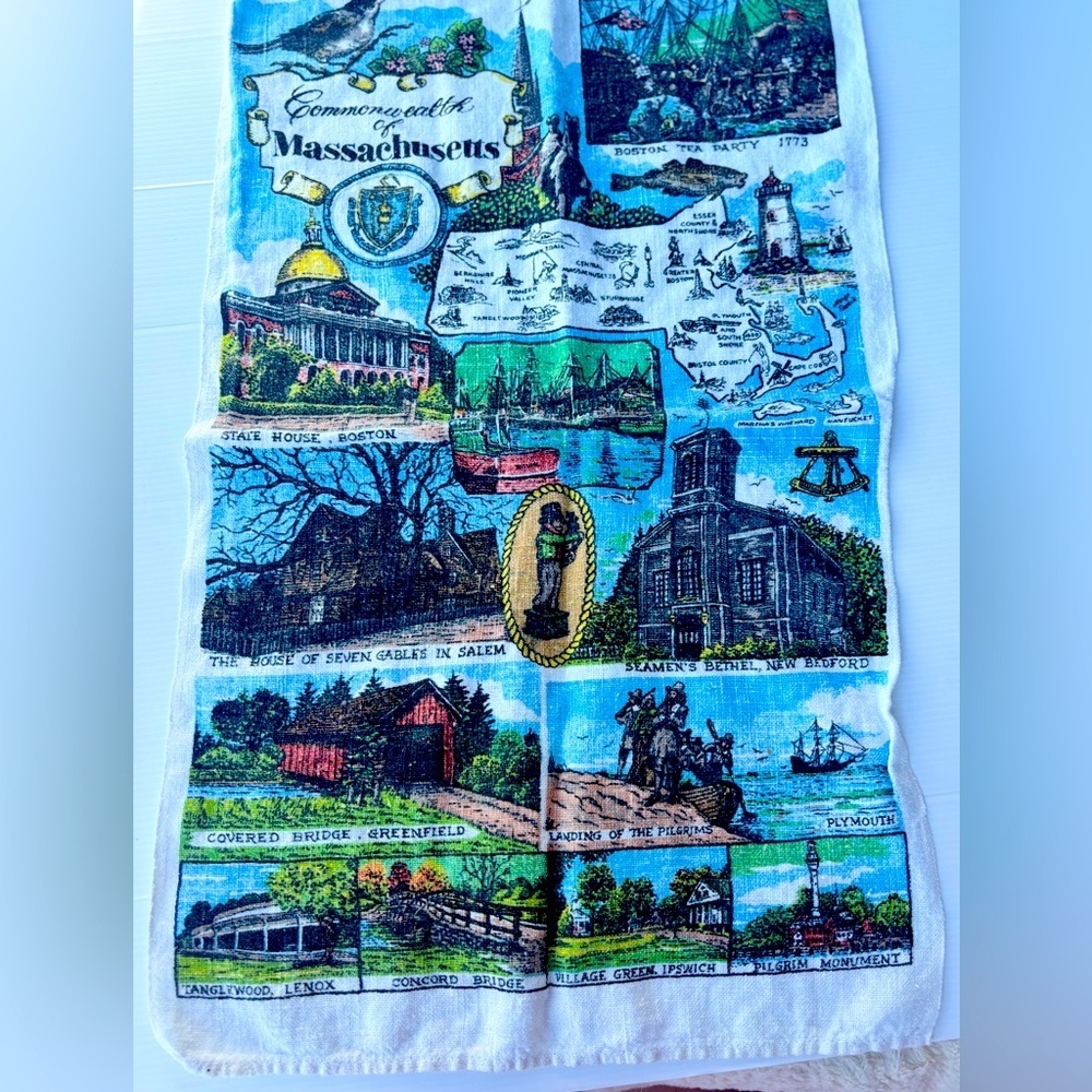 Vintage Linen Tea Towel Massachusetts Map 1980s